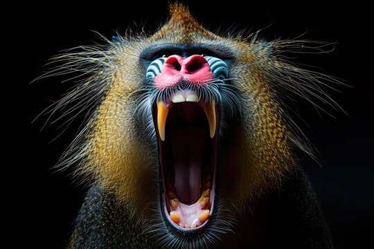 Portrait of a male mandrill with wide opened mouth on black background