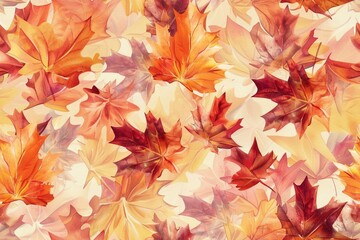 Seamless pattern of watercolor autumn leaves in warm tones.