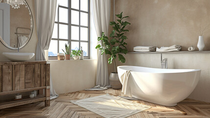 Charming bathroom with beige walls white bathtub 