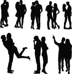 Set of couple silhouette in various pose. Marriage person, lover, romance illustration
