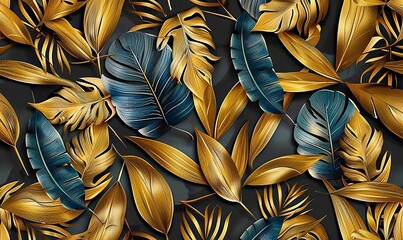 exotic seamless pattern with dark golden banana leaves palm leaves vintage hand drawn 3d illustration good for production wallpapers cloth fabric printing mural shiny background, Generative AI