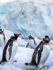 Floating penguins in icy setting, surreal glacier backdrop, cool tones, editorial, panoramic view