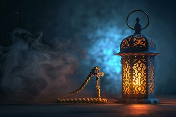 Arabic lantern and rosary on wooden table,  Ramadan Kareem background - obrazy, fototapety, plakaty