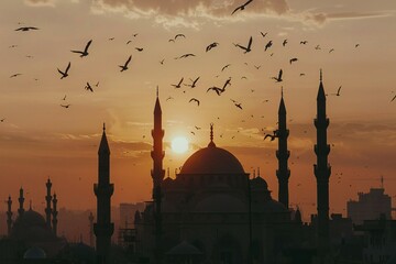 Silhouette of mosque and flying birds at sunset, Istanbul, Turkey