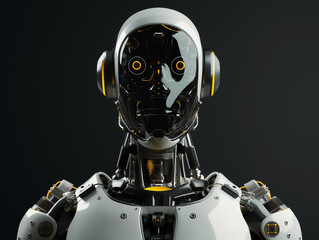 Half-length portrait of a robot with humanoid features, symmetrical, front view isolated on black background, photo realistic, 3D render