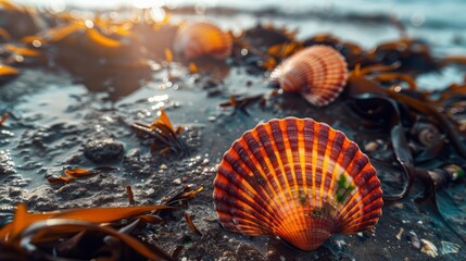 Vibrant shells on muddy sea bed, colorful contrast, macro lens, direct sunlight - obrazy, fototapety, plakaty