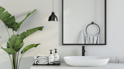 Chic bathroom setup with soap dispensers towels plant