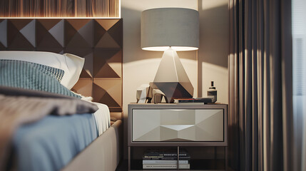 A chic bedside table with geometric accents, holding a designer lamp and a stack of books, adding a touch of sophistication to the contemporary ambiance of the bedroom.