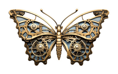 Ornamental Brass Clockwork Butterfly Brooch Isolated On Transparent Background PNG.