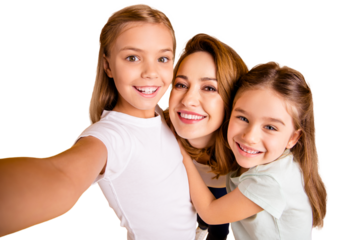 Self-portrait of three nice lovely attractive winsome dreamy cheerful cheery positive people cuddling mommy mum isolated over bright vivid shine yellow background