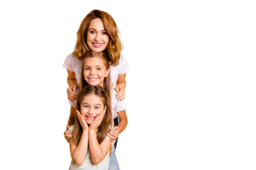 Portrait of three nice cute lovely attractive winsome sweet cheerful positive funny blonde people standing in order of height leisure isolated over bright vivid shine yellow background