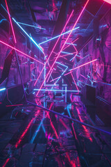 Cyberpunk-inspired landscape bathed in the glow of neon lights against a backdrop of darkness. Circuitry motifs intertwine with graffiti-like art, creating a chaotic yet captivating aesthetic design