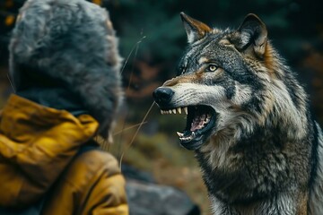 Wolf howling at the photographer,  Wild wolf in the forest