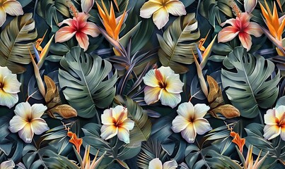 tropical seamless pattern with exotic leaves strelitzia flowers hibiscus and plumeria vintage texture floral background dark watercolor 3d illustration for luxury wallpapers tapestry, Generative AI