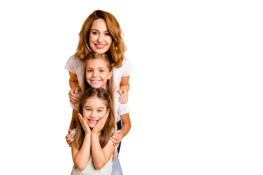 Portrait of three nice cute lovely attractive winsome sweet cheerful positive funny blonde people standing in order of height leisure isolated over bright vivid shine yellow background