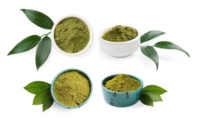 Set of henna powder in bowls and leaves isolated on white, top and side views