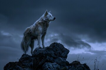 Grey wolf standing on a rock with stormy sky in the background - obrazy, fototapety, plakaty