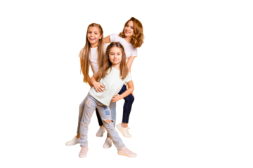 Full length body size portrait of three nice cute lovely attractive cheerful cheery positive funny people having fun warming-up posing isolated over bright vivid shine yellow background