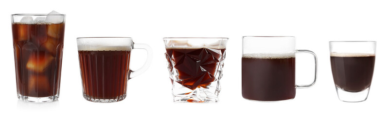 Set of different coffee drinks drinks in cups and glasses on white background