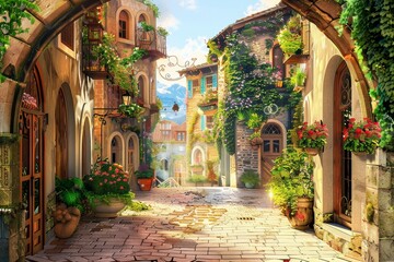 3d image. Old Town, Street, 3d wallpaper and mural. Wallpaper on the wall, Generative AI