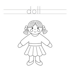 Trace the letters and color cartoon toy doll. Handwriting practice for kids.