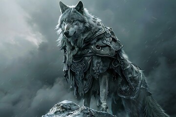 Grey wolf on the top of a mountain,  Fantasy landscape,   rendering