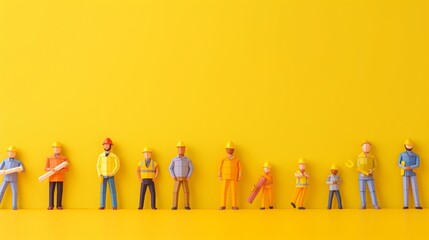 Paper craft workers from different sector against a yellow background with copy space.