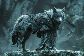 Fantasy scene of a wolf as a warrior with a spear and armor