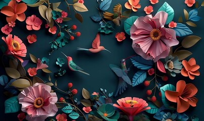 Beautiful summer blooms, butterflies, and hummingbirds in 3D against a background of dark, vibrant colors. Generative AI
