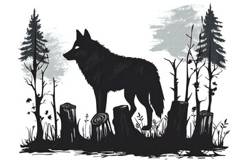 Illustration of a wolf standing on a stump in the forest