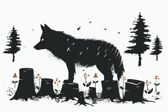 Illustration of a wolf in the forest,  Vector illustration on white background