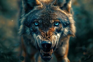 Portrait of a wolf with blue eyes in the forest,  Close-up - obrazy, fototapety, plakaty