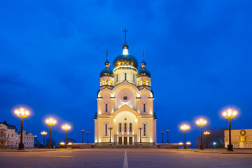 Spaso-Preobrazhensky Cathedral, Khabarovsk city, Khabarovsk region, Far East of Russia. View of a large Orthodox church. Beautiful evening lighting. Night cityscape. Tourist attraction of Khabarovsk. - 791428454