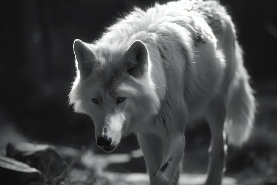 White wolf in the forest,  Black and white photo,  Animal portrait