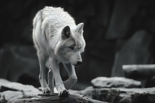 White wolf on a rock in the zoo,  Black and white photo
