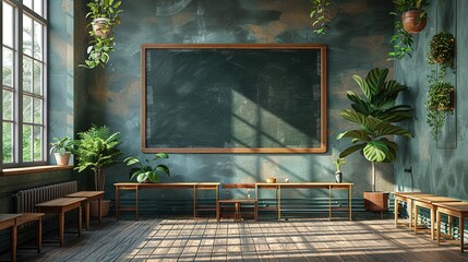 3d Rendering of a modern empty classroom with a board