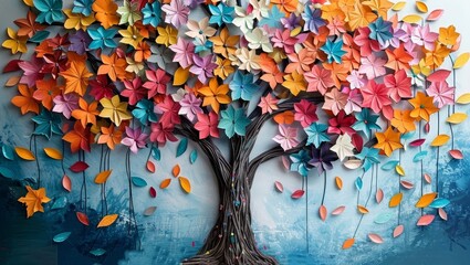 3D abstract wallpaper design that features a colorful tree with hanging branches and multicolored leaves, perfect for interior mural wall art decor, Generative AI