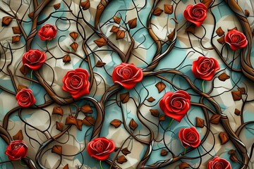 2d texture of branches with red roses and leaves, illustration background. 3d abstraction wallpaper for Interior mural painting wall art decor. Generative AI