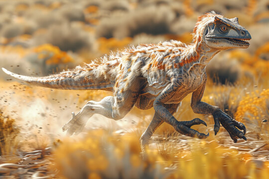A swift Utahraptor, with its powerful legs and sharp claws, hunting in packs to bring down larger prey in ancient plains. Concept of pack-hunting predator. Generative Ai.