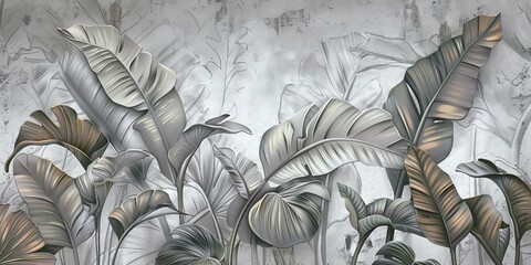 Tropical leaves on a gray background. Photo wallpaper with leaves. Fresco for the interior. Wall decor in grunge style. Painted leaves. Photo wallpapers, Generative AI