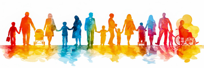 A watercolor banner depicting silhouettes of people of different ages. The concept of celebrating the day of family, care and mutual understanding of different generations