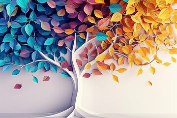 Colorful tree with leaves on hanging branches illustration background. 3d abstraction wallpaper for interior mural wall art decor. Floral tree with multicolor, Generative AI