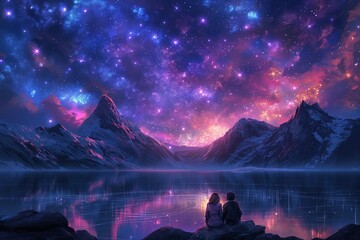 An animated virtual couple in love, set against a landscape background featuring a dark sky with stars and a colorful fractal nebula