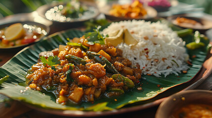 meals served on banana leaf, traditional south indian cuisine, hyperrealistic food photography - obrazy, fototapety, plakaty