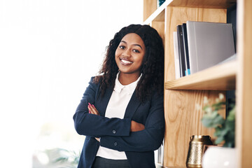 Happy, portrait or black woman with arms crossed in a law firm for consulting, legal advice and...