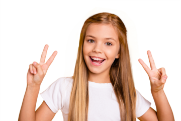Close-up portrait of her she nice cute sweet adorable attractive lovely pretty cheerful cheery positive straight-haired girl showing double v-sign isolated over bright vivid shine yellow background