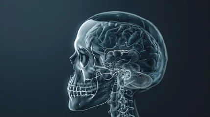 Fotobehang An X-ray image providing insight into the internal anatomy of the human skull, highlighting the intricate network of bones that protect the brain and support the facial structure. © Khalif