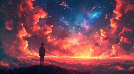 The guy looks at a colorful sky with stars and clouds
