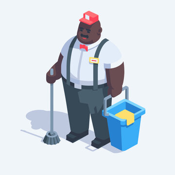 recommend clip art: Janitor black man Isometric Minimal Cute Character, Wearing Headphones and Hold Game Controller, Cartoon Clipart Vector illustration, isolated on White background
