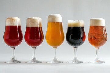 Different types of beer in a glass on a white background, isolated